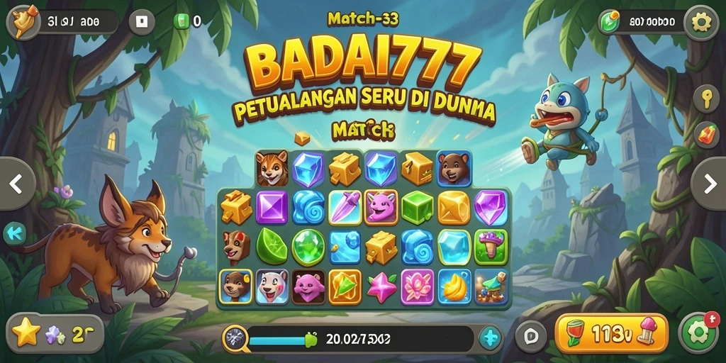 Screenshot gameplay BADAI777 menampilkan aksi mencocokkan permata yang seru.