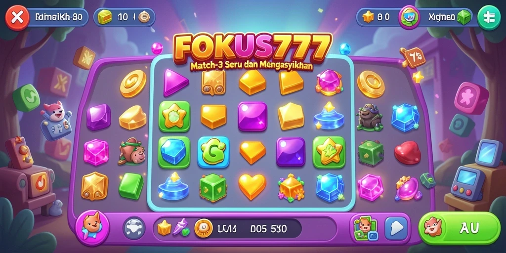 Tangkapan layar utama dari <strong>FOKUS777</strong> menampilkan aksi cocok-cocokan permata yang seru.