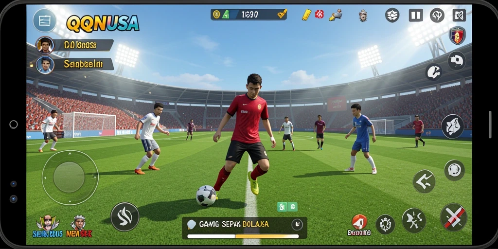 Tangkapan layar utama QQNUSA menampilkan aksi mendebarkan di lapangan sepak bola.