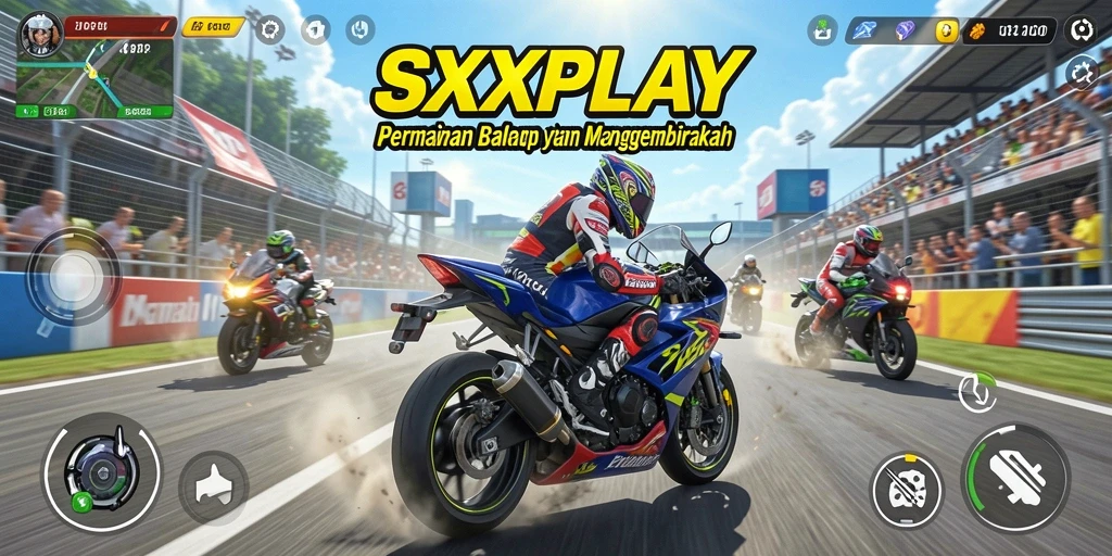 Screenshot menunjukkan aksi balap motor yang mendebarkan di SXXPLAY.