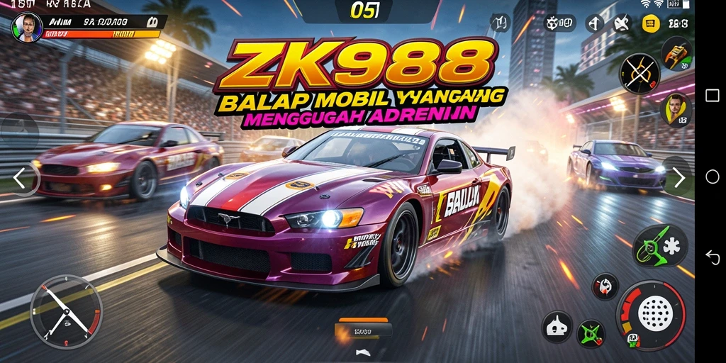 Gameplay balapan mendebarkan di ZK988 dengan berbagai trek dan mobil.